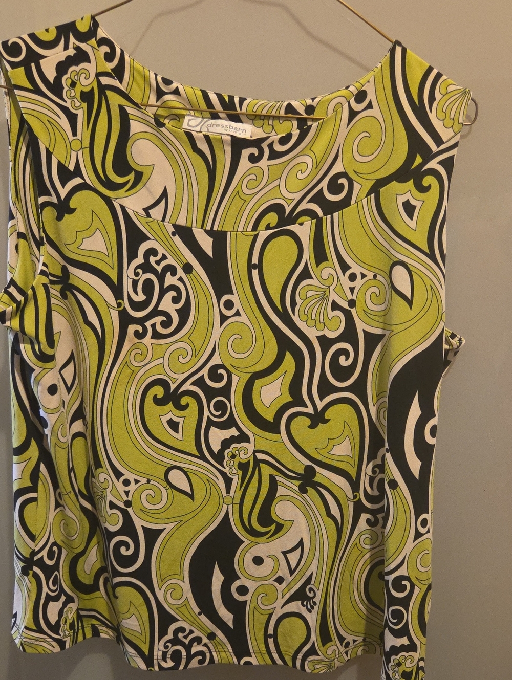 Dressbarn Lime Green Black and White Swirl Print Top